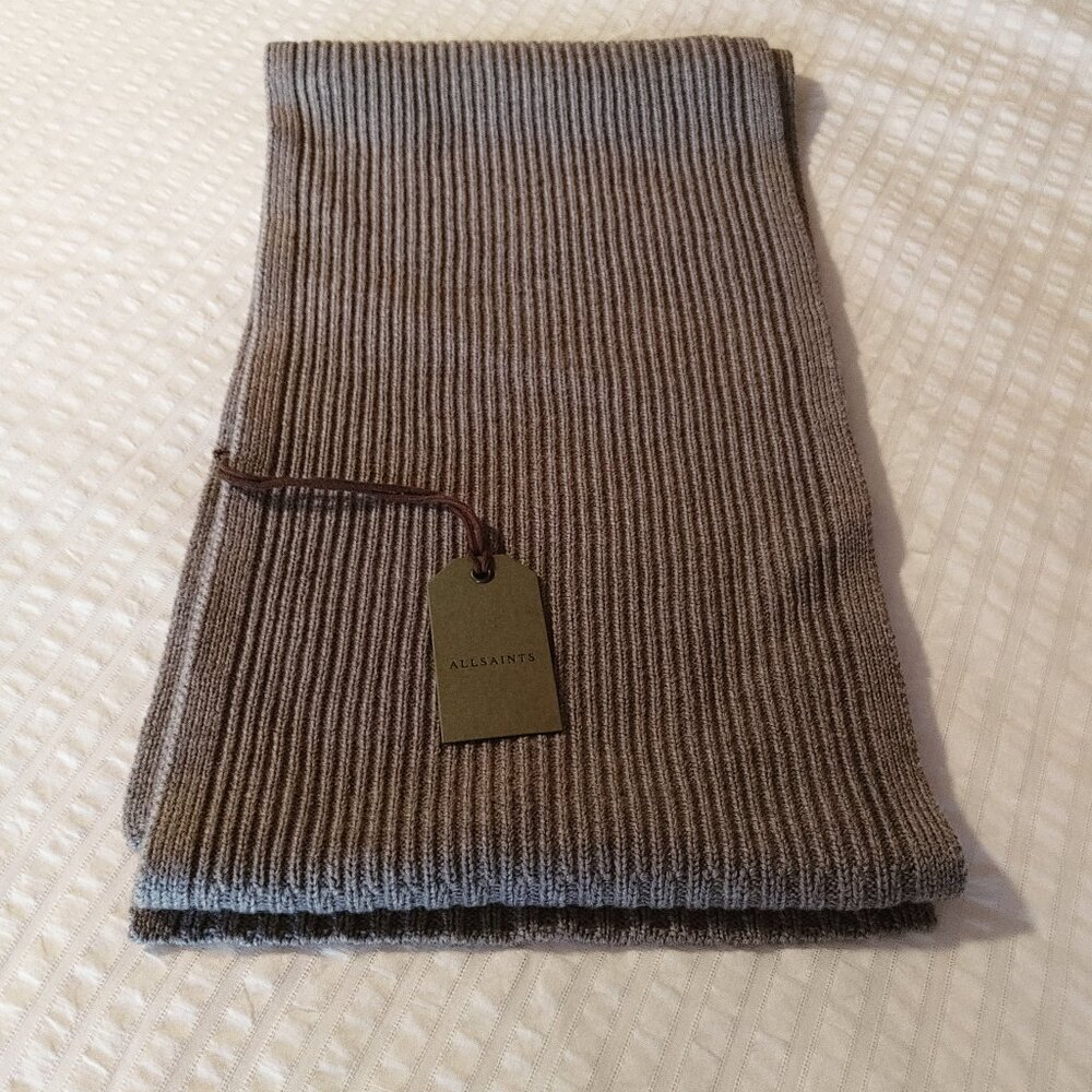 NWT All Saints 100% Merino Wool Gray Marl Rib Knit Scarf